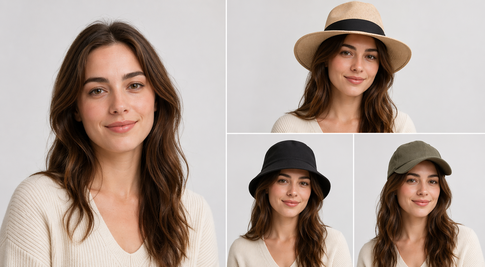 Hat try-on variants from one portrait