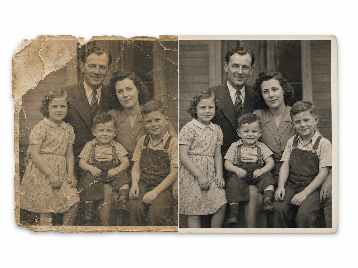 Old family photo before and after restoration