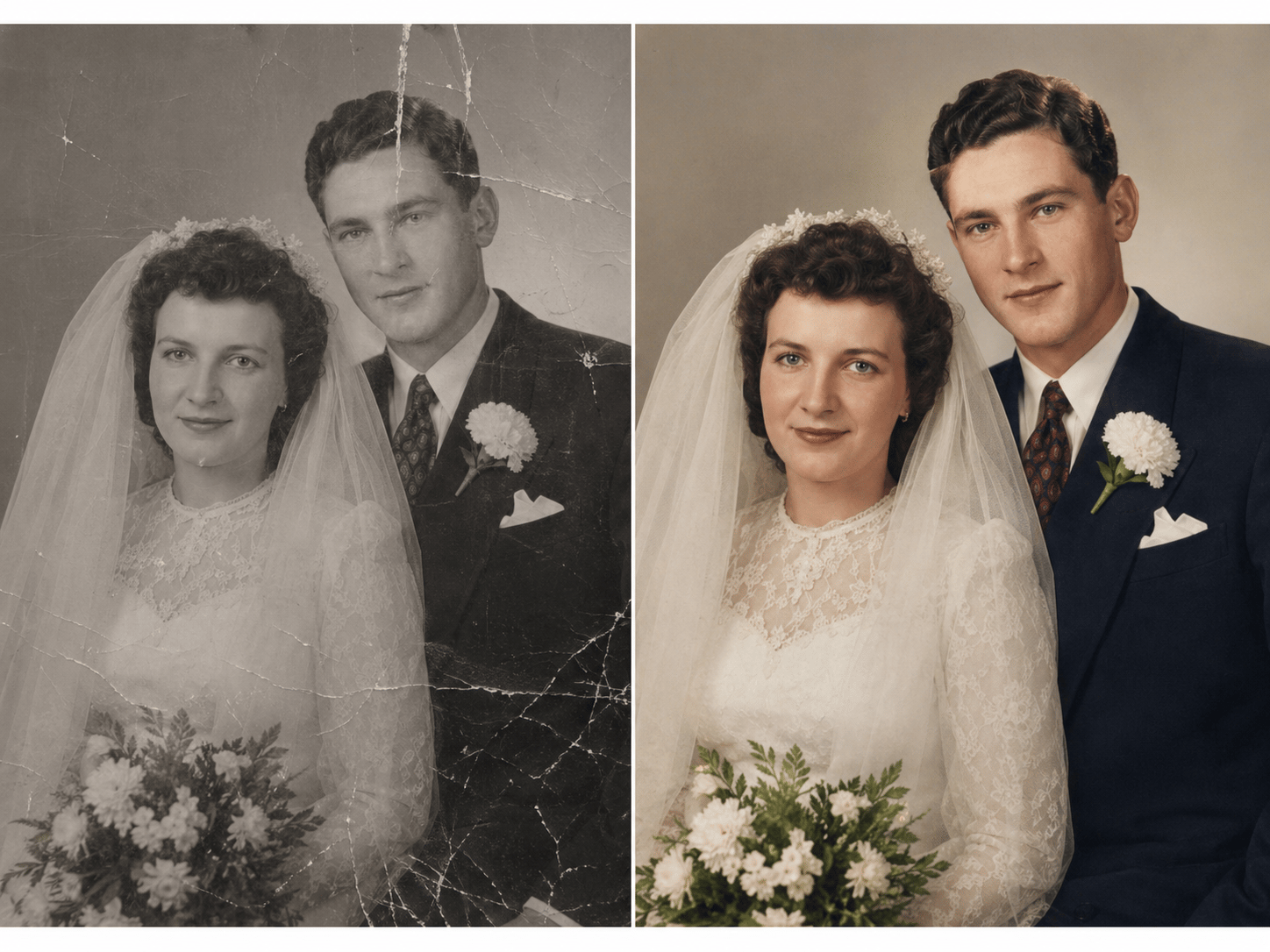 Old wedding photo with scratches restored and colorized